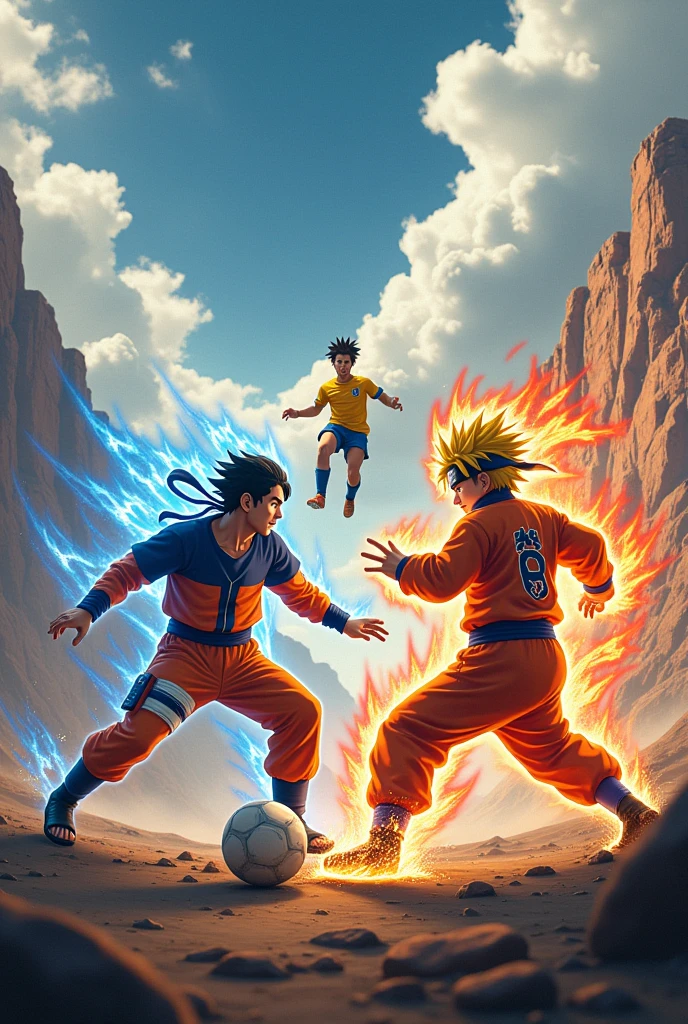 Naruto fighting with Goku and Neymar playing ball behind