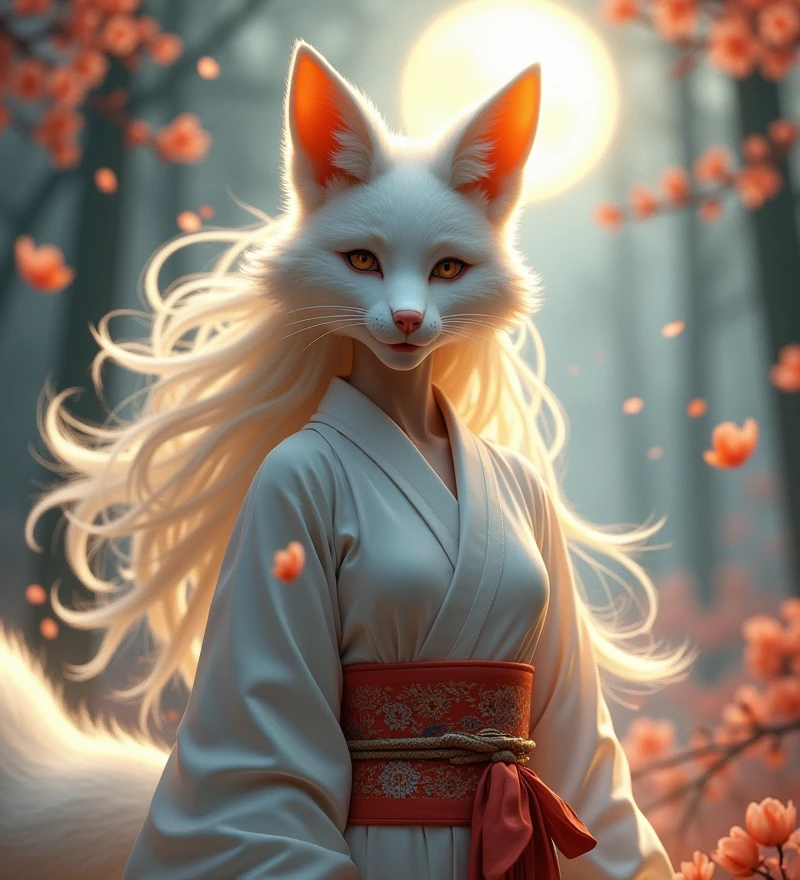 (Realistic Goddess of the Nine-Tailed Fox:1.4), (hyper-realistic details:1.5), (nine flowing, luxurious fox tails:1.5), (soft, shimmering white fur:1.4), (lifelike fox ears:1.3), (delicate, yet powerful facial features:1.4), (piercing, intelligent eyes:1.5), (traditional yet intricately detailed kimono:1.4), (realistic fabric textures:1.3), (soft, moonlit glow on skin:1.3), (ancient, enchanted forest background:1.4), (trees and flora with lifelike textures:1.3), (glowing sakura petals floating:1.3), (gentle wind ruffling fur and clothing:1.4), (realistic lighting and shadows:1.4), (subtle mystical aura:1.3), (earth-toned and natural colors:1.3), (slight glimmer in the night sky:1.3), (delicate, intricate patterns on clothing:1.3), (fox spirit energy subtly visible:1.3), (serene and dignified expression:1.4), (divine, ethereal beauty:1.4)