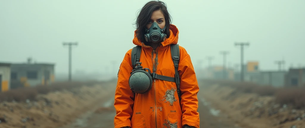 Girl in full orange hazmat suit oxygen tank gas mask medium size bobs medium size but ripped hole in crotch 