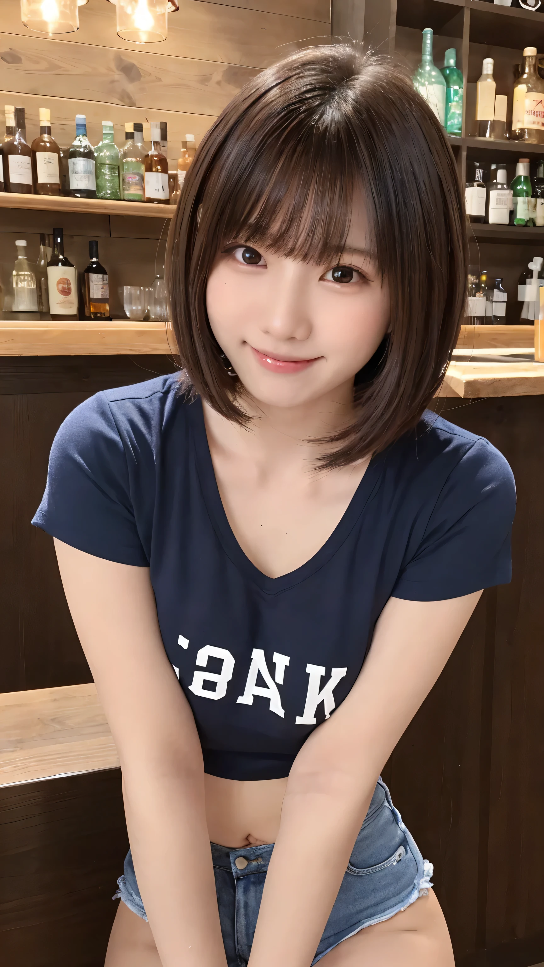 One beautiful girl, (Japanese beautiful girl, Delicate:1.3), (18-year-old:1.3),
break, (bar　background:1.2),
break, Shy laugh, Very beautiful eyes, (Symmetrical eyes:1.3),
break, (E cup breasts:1.3), Cropped Logo T-shirt:1.3, Micro Mini Hot Pants:1.3, Beautiful legs, Thighs, Brown eyes, Parted bangs, Brown bob cut hair, Round face, cute,
break, (Eye and facial details:1.0),
break, (masterpiece, Highest quality, Very detailed, Detailed face, 8k)