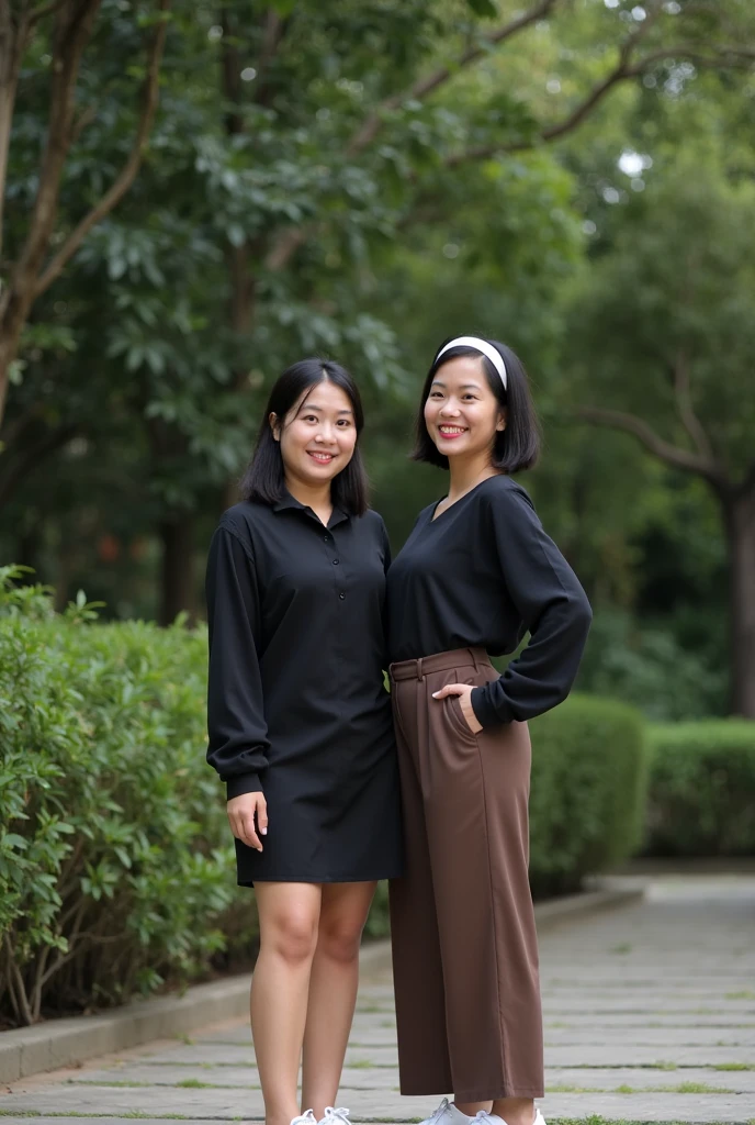 Image is a portrait-style photograph taken outdoors, featuring a 2 woman standing The Filipina woman has a light skin tone and is smiling, with her head slightly tilted to the side. She has short, dark hair with a white headband. She is wearing a long-sleeved, black blouse tucked into a dark brown skirt, paired with white sneakers. The background consists of dense green foliage and trees, creating a natural and serene setting. The ground is paved with stone tiles, 
