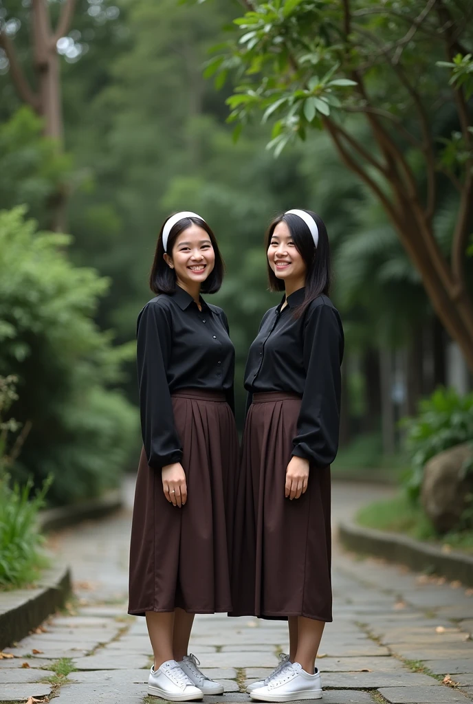 Image is a portrait-style photograph taken outdoors, featuring a 2 woman standing The Filipina woman has a light skin tone and is smiling, with her head slightly tilted to the side. She has short, dark hair with a white headband. She is wearing a long-sleeved, black blouse tucked into a dark brown skirt, paired with white sneakers. The background consists of dense green foliage and trees, creating a natural and serene setting. The ground is paved with stone tiles,