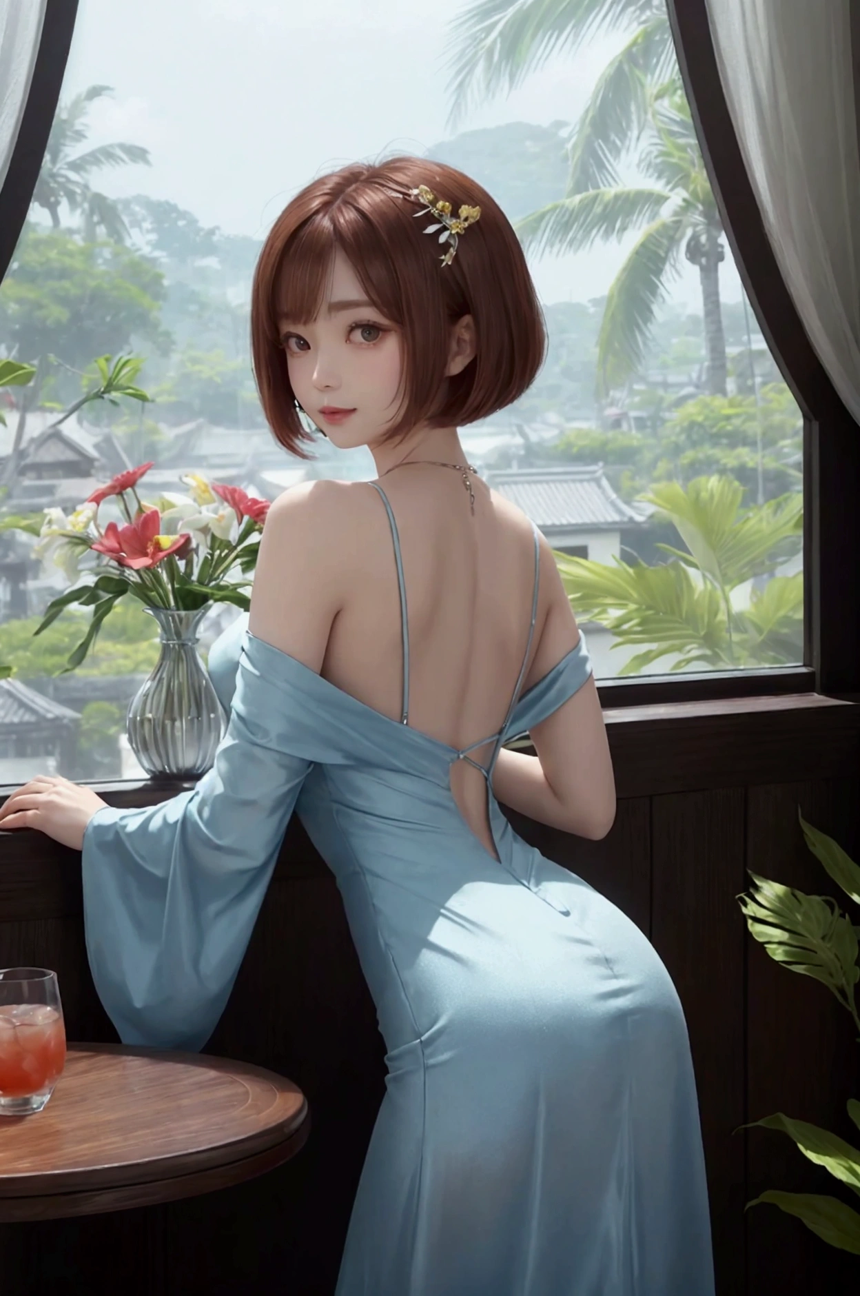 8k、A cute Japanese woman、Beautiful big eyes、Beautiful reddish brown bob cut hair、jewelry、Beautiful nails、Wide forehead and round face、One piece dress、Blur the plants in the foreground、Greatly blur a wide background、Small smile、Turn around and look diagonally、Slender legs、Foliage plant、Many colorful flowers in a vase、Luxury Resort Hotels、Stylish bar、Cocktail Glass、Outside the window is the blue tropical sea、Sparkling、Soft Light、Apply fog to the entire screen、