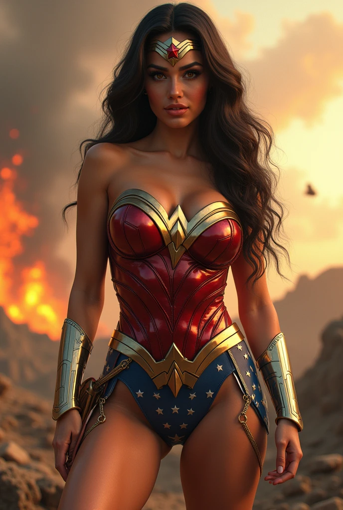 Becky G como Wonder Woman, in a tight shiny suit, 8k, Very detailed, big breasts, Toned abs, big butt, muscular legs,