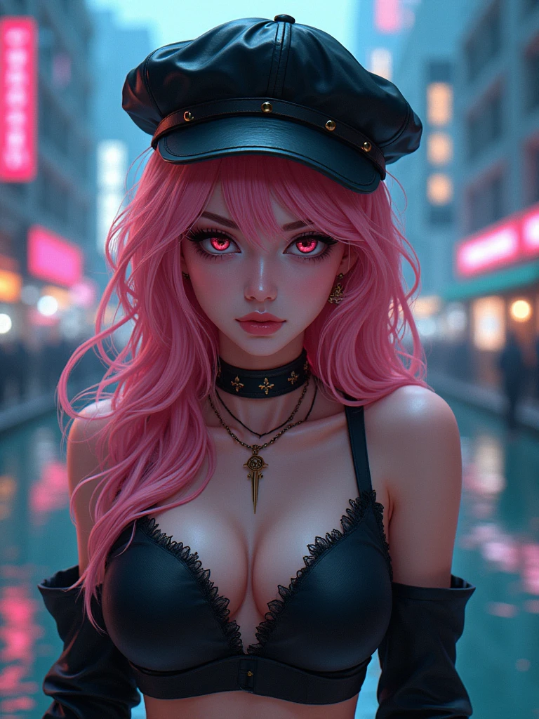1girl, golden/pink hair, curvy, gothic, glowing, neon, devil, ((best quality)), ((masterpiece)), (detailed), (anime key visual:1.2), ground level shot of a Tough Egyptian, (Vigorous Girl:1.3), wearing an Invigorating Flat cap with tuber trimmings, Making a funny face, Circlet, Necklace, standing near a pond with a cityscape in the background, deep focus, Cel shading, (intricate background split lighting:1.2), Depth of field 270mm, behance style, wallpaper, Concept artist, 4K, 8k resolution