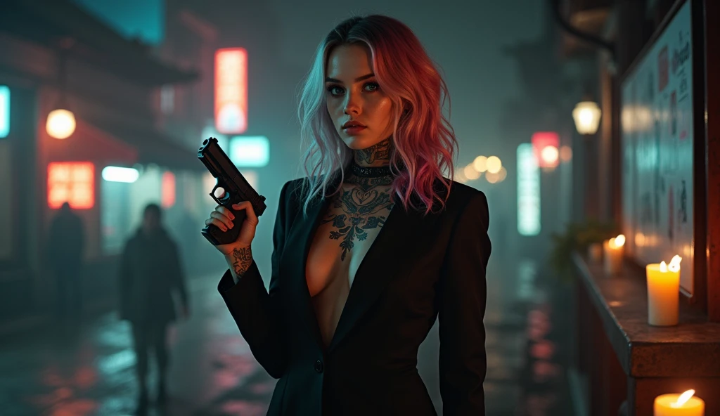 tatuados,Very beautiful big breasts、business suit、(Holding a Beretta)(Very large bust),(Many tattoos on both arms and neck)、 (Late Night in Seoul(South Korea) - A fusion of ancient palaces and modern cities),Candlelight only,Very detailed, 18-year-old, A beautiful woman,Depressed face, Pink and silver hair,Wavy Hair, blue eyes, High resolution, masterpiece, Highest quality, Intricate details, Very detailed, Clear focus, Delicate skin, practical skin texture, texture, Delicate eyes, Professional, 8k, Sad face,despair、 Shot with Canon, 85mm, Shallow and deep, Kodak Vision Color, Exactly, Very detailed, photograph_\(Extremist\), photographpractical, practical, Post-processing, Maximum details, Roughness, Real Life, Extremist practical, Photorealism, photographgraphy, 8k ウルトラ HD, photographgraphy