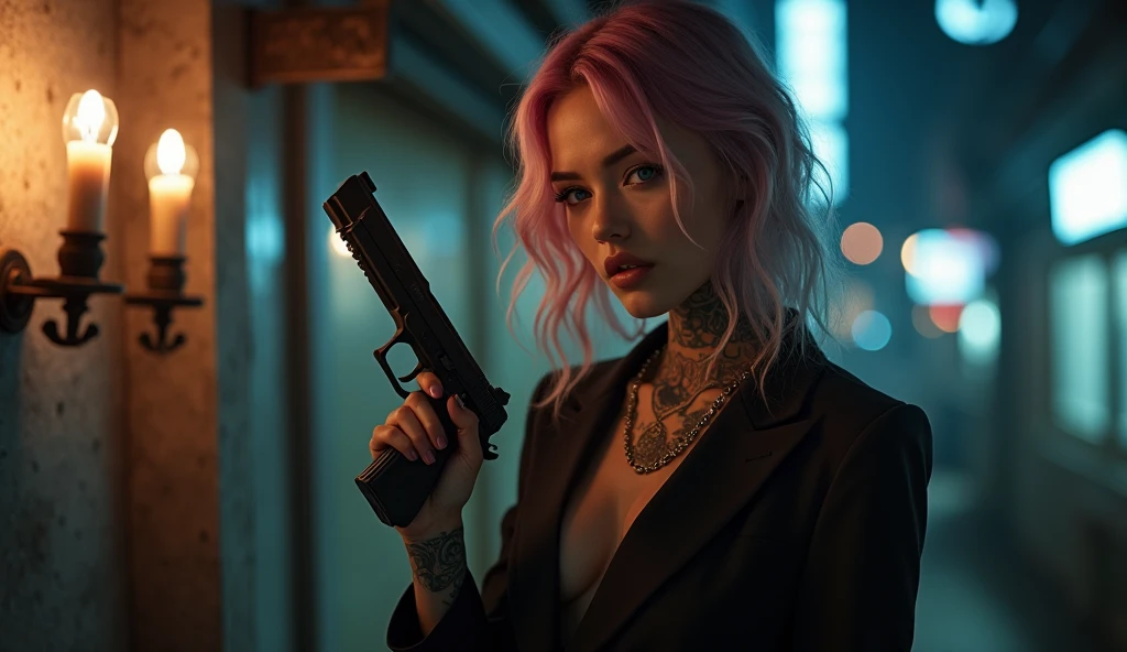 tatuados,Very beautiful big breasts、business suit、(Holding a Beretta)(Very large bust),(Many tattoos on both arms and neck)、 (Late Night in Seoul(South Korea) - A fusion of ancient palaces and modern cities),Candlelight only,Very detailed, 18-year-old, A beautiful woman,Depressed face, Pink and silver hair,Wavy Hair, blue eyes, High resolution, masterpiece, Highest quality, Intricate details, Very detailed, Clear focus, Delicate skin, practical skin texture, texture, Delicate eyes, Professional, 8k, Sad face,despair、 Shot with Canon, 85mm, Shallow and deep, Kodak Vision Color, Exactly, Very detailed, photograph_\(Extremist\), photographpractical, practical, Post-processing, Maximum details, Roughness, Real Life, Extremist practical, Photorealism, photographgraphy, 8k ウルトラ HD, photographgraphy