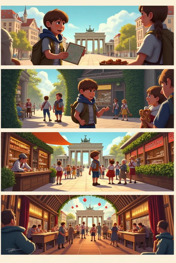 Quadro 1: "Exploring Germany"
the main character, animadas, holds a map of Germany. No fundo, there are German icons like the Brandenburg Gate and a traditional beer hall.
Quadro 2: "German cuisine"
The character enjoys a traditional meal, with sausages, sauerkraut and a large pretzel, in a cozy Bavarian restaurant atmosphere.
Quadro 3: "Celebrate the Oktoberfest"
The character participates in Oktoberfest, holding a giant beer mug, while other characters dance to the sound of a traditional band.
Quadro 4: "Christmas Market"
The character visits a German Christmas market, marveling at the festive lights and sipping mulled wine as you walk past decorated stalls.