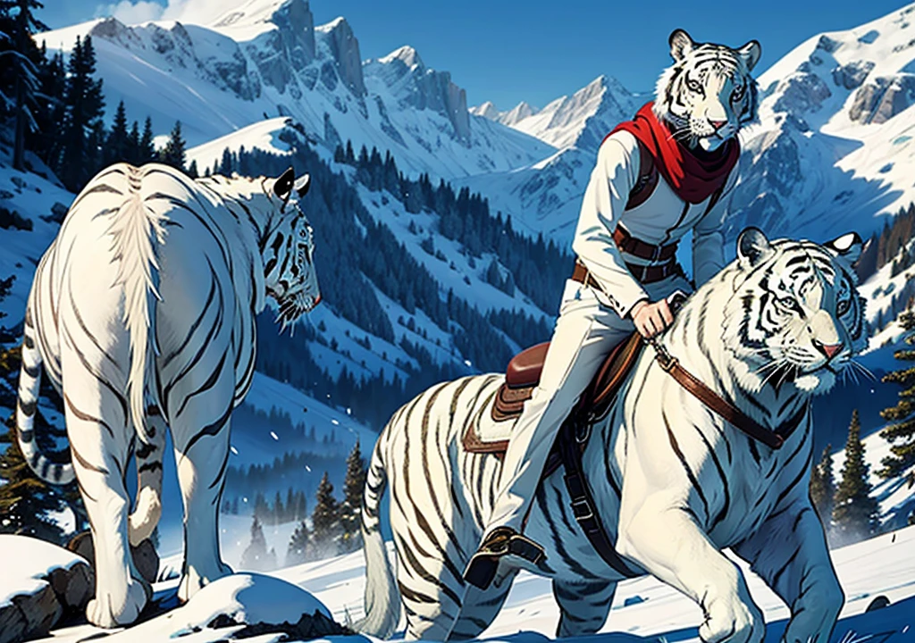 big white tiger wearing a saddle in the mountain