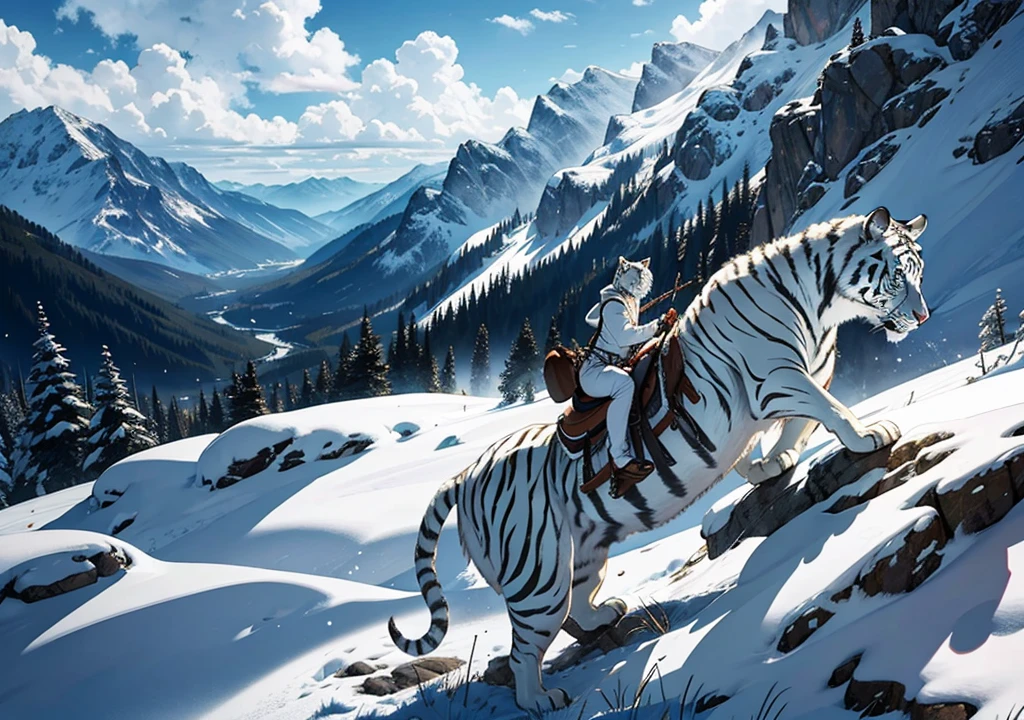 big white tiger wearing a saddle in the mountain