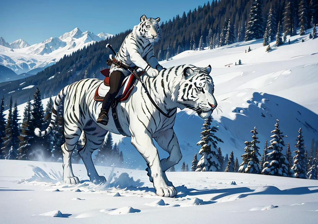 big white tiger wearing a saddle in the mountain