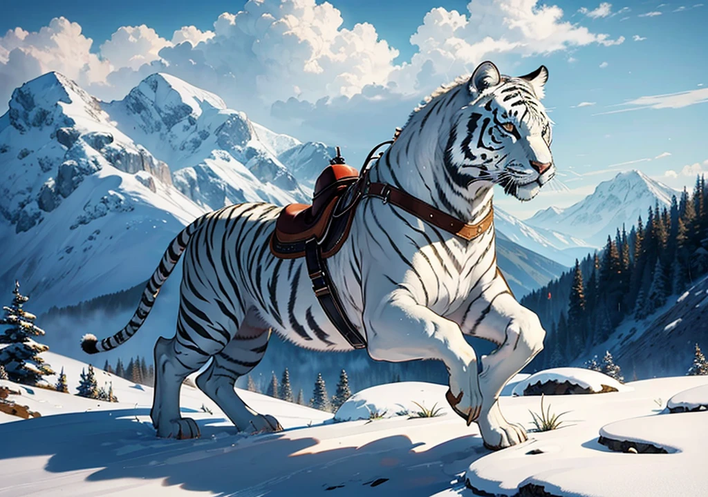 big white tiger wearing a saddle in the mountain