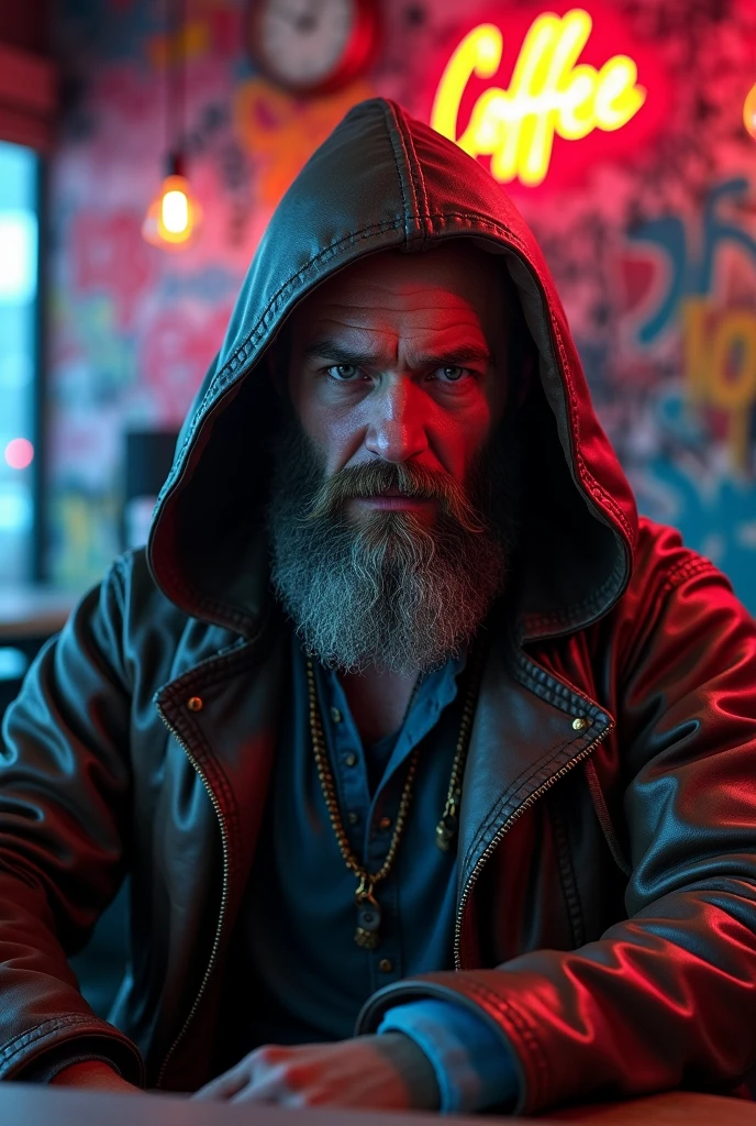 A rugged bearded mountain man intricate details insanely green, leather hoodie cloak sits in a neon-lit coffee shop, surrounded by vibrant graffiti on the walls, with intricate details and a moody, atmospheric glow., 3D effect ultra-detailed intricate insanely full HD, golden ratio, volumetric modeling, spotlight embroidery, accents, intense gaze, digital painting cinematic film light, expressive eyes, ultra-realistic, masterpiece 