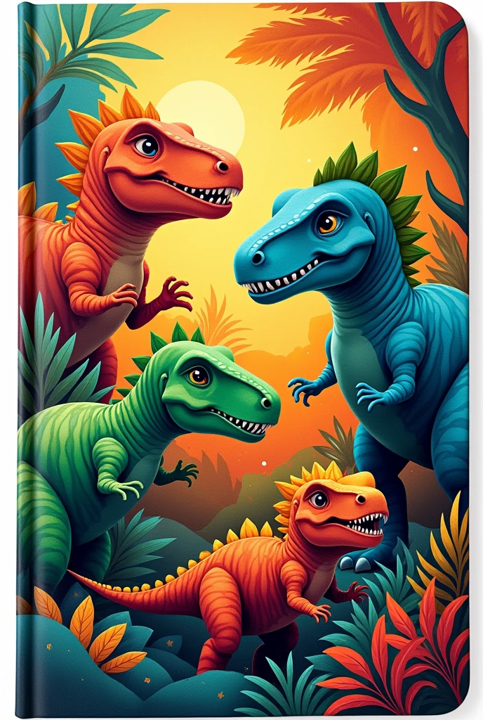 Notebook cover with dinosaur motifs in bright colors