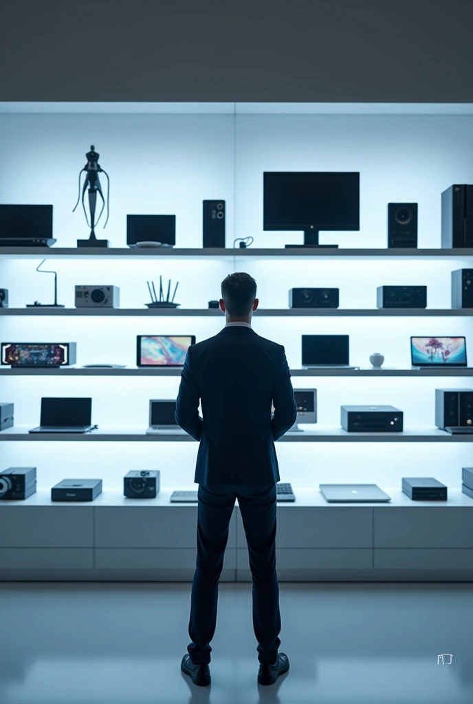 Create a man standing in front of the unique 10 numbers of electronic gadget ignore mobiles store shelves