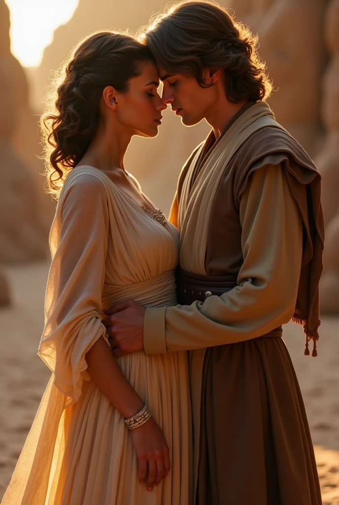 A stunning portrait of Anakin skywalker holding Padme Amidala, She is pregnant, young and beautiful, hyper realistic, real portrait, backlit, exquisite features, cleavage, sexy, seductive, Tatooine, natural light, soft light, Star Wars, Padme is pregnant, Anakin is 6 inches taller than Padme