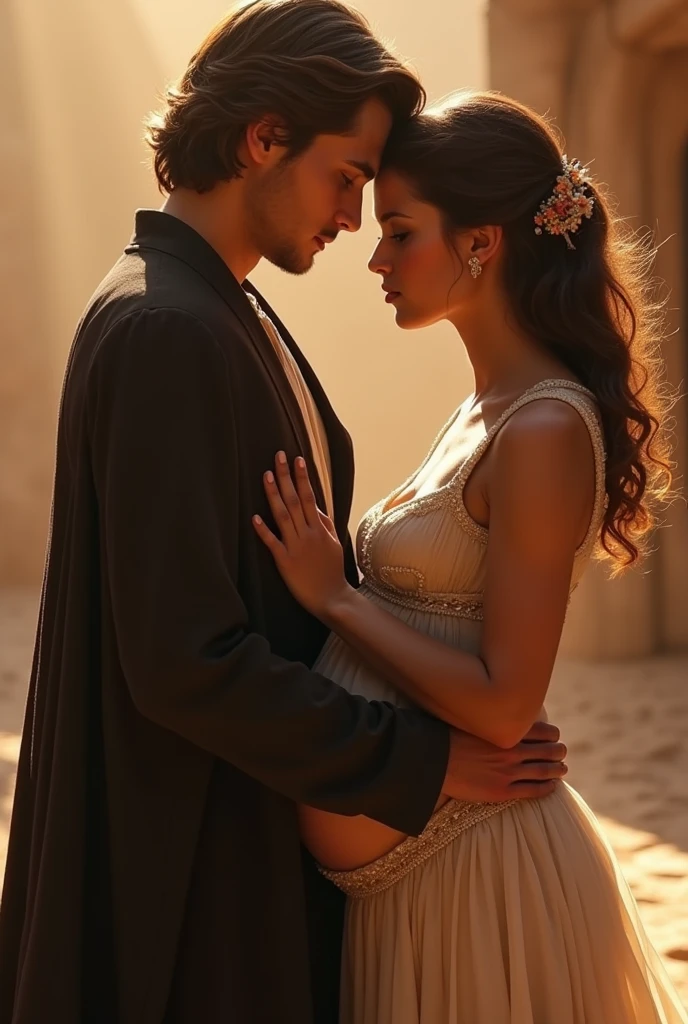 A stunning portrait of Anakin skywalker holding Padme Amidala, She is pregnant, young and beautiful, hyper realistic, real portrait, backlit, exquisite features, cleavage, sexy, seductive, Tatooine, natural light, soft light, Star Wars, Padme is pregnant, Anakin is 6 inches taller than Padme