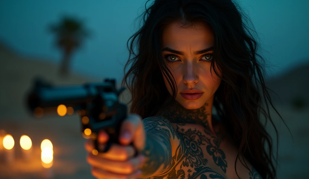 tatuados,Very beautiful big breasts、Aiming a gun at an enemy(Holding a revolver gun)(Very large bust),(Many tattoos on both arms and neck)、Casual clothing (Socotra Island at night(Yemen) - An isolated island where the strange Dragon Blood Tree grows),Candlelight only,Very detailed, 18-year-old, A beautiful woman,Depressed face, Black Hair,Wavy Hair, blue eyes, High resolution, masterpiece, Highest quality, Intricate details, Very detailed, Clear focus, Delicate skin, practical skin texture, texture, Delicate eyes, Professional, 8k, Sad face,despair、 Shot with Canon, 85mm, Shallow and deep, Kodak Vision Color, Exactly, Very detailed, photograph_\(Extremist\), photographpractical, practical, Post-processing, Maximum details, Roughness, Real Life, Extremist practical, Photorealism, photographgraphy, 8k ウルトラ HD, photographgraphy