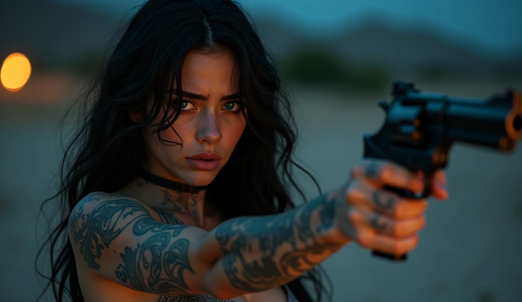 tatuados,Very beautiful big breasts、Aiming a gun at an enemy(Hold two revolvers in each hand)(Very large bust),(Many tattoos on both arms and neck)、Casual clothing (Socotra Island at night(Yemen) - An isolated island where the strange Dragon Blood Tree grows),Candlelight only,Very detailed, 18-year-old, A beautiful woman,Depressed face, Black Hair,Wavy Hair, blue eyes, High resolution, masterpiece, Highest quality, Intricate details, Very detailed, Clear focus, Delicate skin, practical skin texture, texture, Delicate eyes, Professional, 8k, Sad face,despair、 Shot with Canon, 85mm, Shallow and deep, Kodak Vision Color, Exactly, Very detailed, photograph_\(Extremist\), photographpractical, practical, Post-processing, Maximum details, Roughness, Real Life, Extremist practical, Photorealism, photographgraphy, 8k ウルトラ HD, photographgraphy