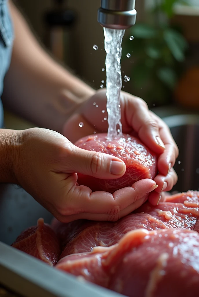 Housewife&#39;s hand washing meat (focus on the water falling on the meat )