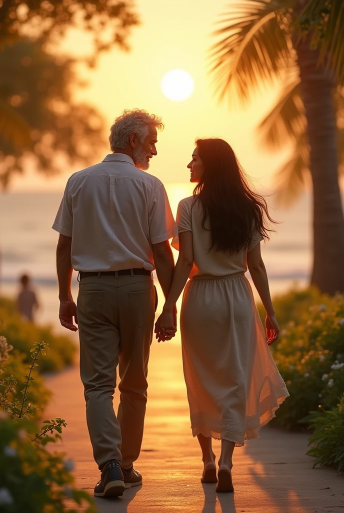 Create an image of a couple where the man is noticeably older, around 60 years old, with gray hair and a kind expression, while his girlfriend is much younger, around 2, with long, dark hair. The couple should look happy and comfortable together, holding hands or walking side by side in a peaceful outdoor setting, such as a park or by the beach, with a warm, golden sunset in the background