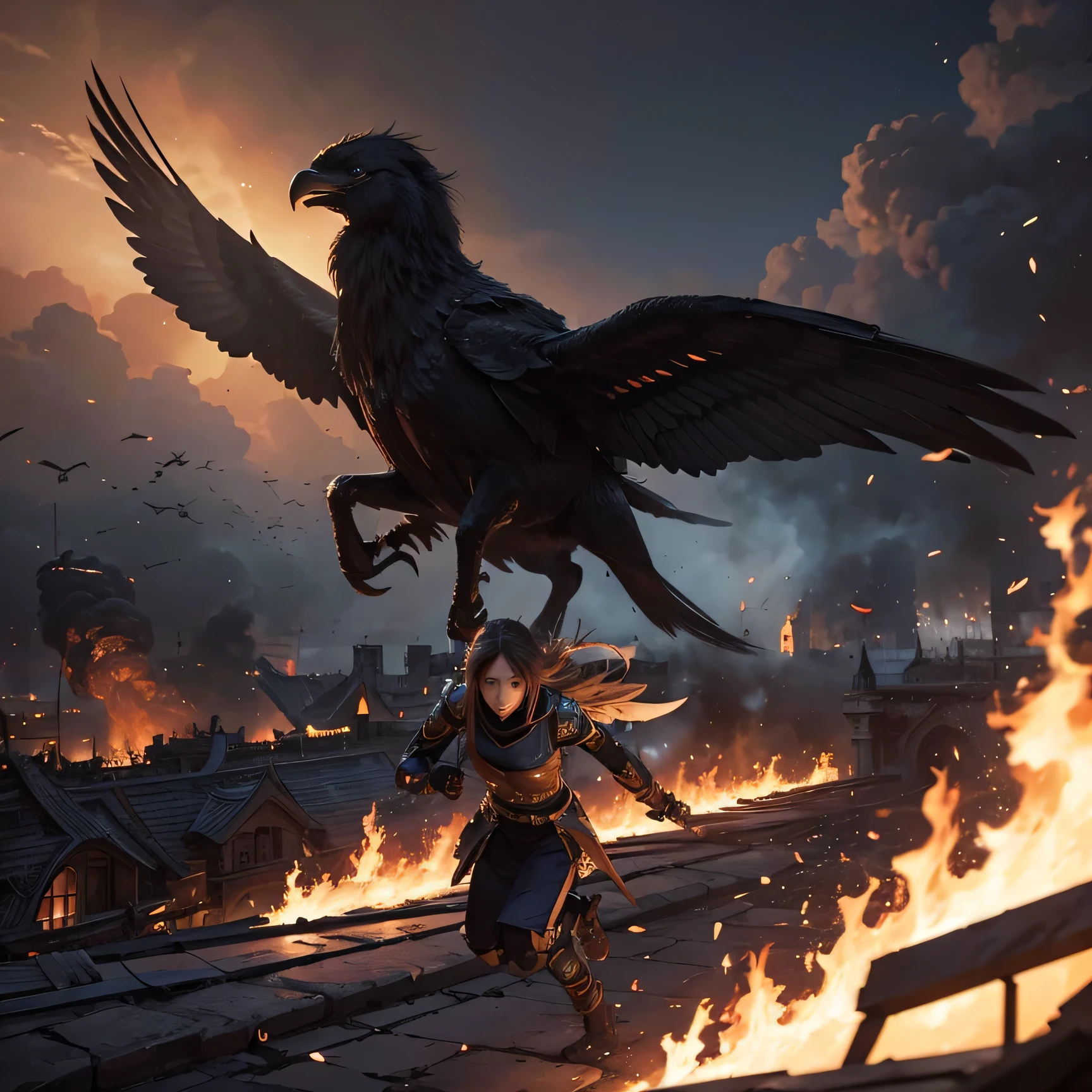 Describe the atmosphere of war between winged warriors in a palace environment that is burning due to conflict., people running and chaos in the middle of war, Realistic anime artstyle, perpfect detail. hyper realistic, 4K, UDH. ultra detail, Hyper maximalism, Stunning 4K high resolution images