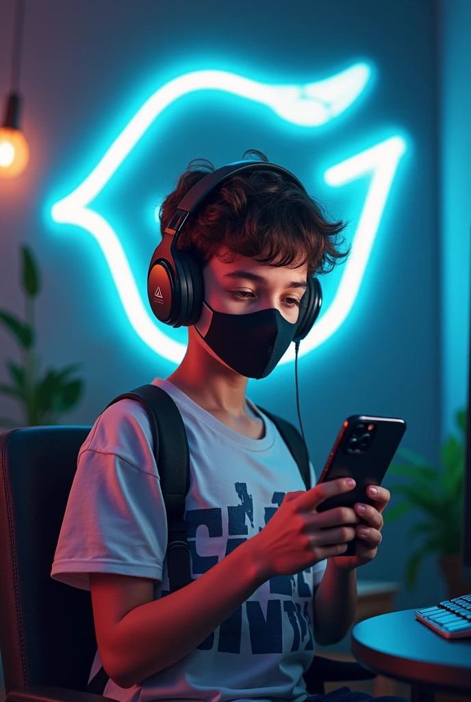  A gamer boy holding phone and wearing headphones, logo for gaming channel also wear a mask 