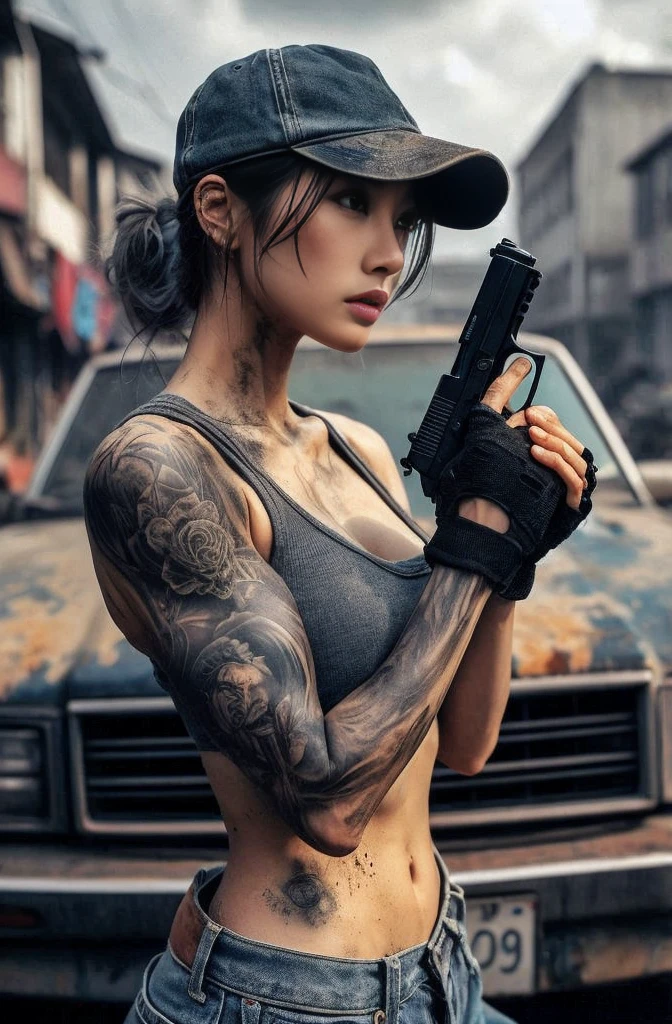8k,Realistic Photo、Realistic Skin Texture、Superrealism、Japanese women living in America、General citizens、Civilian、Tattoo、cap、jeans、Short sleeve shirt、Beauty、American cityscape、Old building、Pistol、Covered in scars、It is dirty、muscle、The background is out of focus、Dramatic Images、Battleground、The strongest woman、Former Marine、abandoned car、Be vigilant