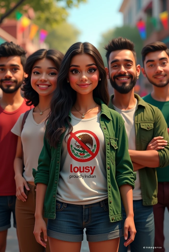 Create an image of people who represent the variability of Mexico with a t-shirt with the word "lousy" crossed out and down "Proudly Indian"
