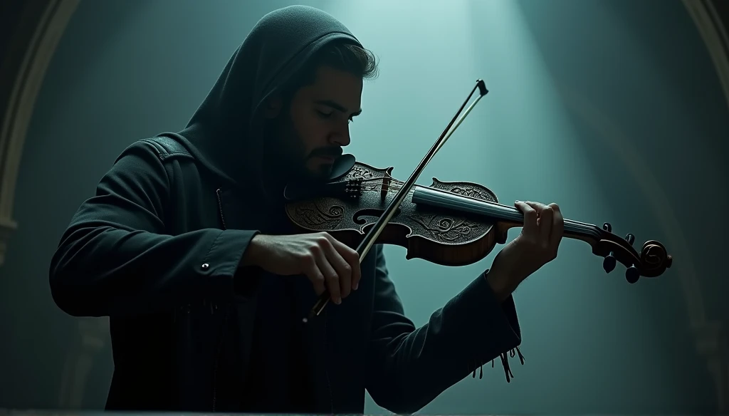 blurry image of a man playing the violin in a dark room, fantasy violin, Kerem Couplet, just art for dark metal music, Dark digital art, but detailed, 80s style, Tomasz Alen Kopera, (fantasy violin), tomasz alen kopera e cgsociety, dramatic art, stefan gesell, by Slawomir Maniak
