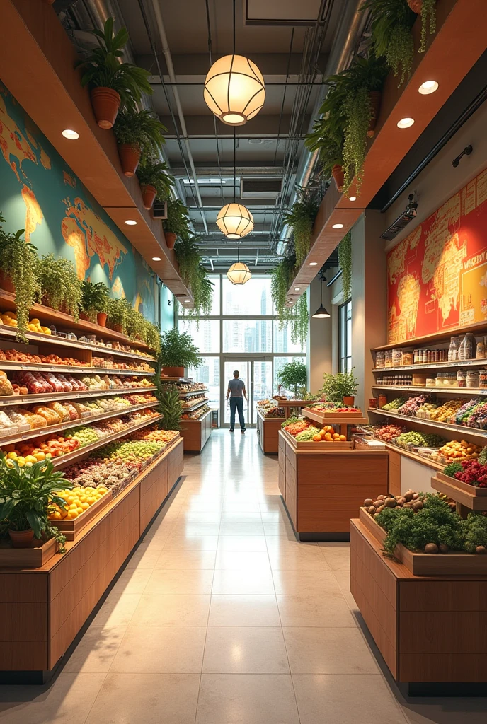 Make me a 2D plan of a cute fusion-type supermarket (By fusion I mean that it is a mixture of all the things that can be sold and cultures from all over the world.)