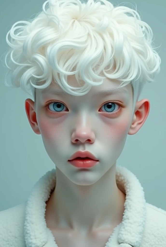 An albino man, fluffy white hair, ocean blue eyes, chubby cheeks and big lips