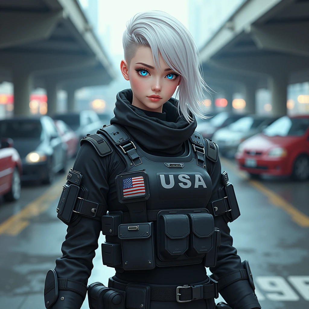 Girl, white hair, blue eyes, cool haircut, US military outfit, bulletproof vest, in heavy armor, no helmet, tactical stance, in parking lot, anime