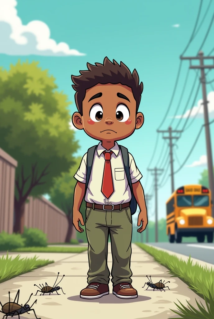 (comic) (cricket sounds) 
A  boy who's brown skin, chubby, short with a short haircut,wearing a school uniform. The middle ide of the bus and the bus leaves,