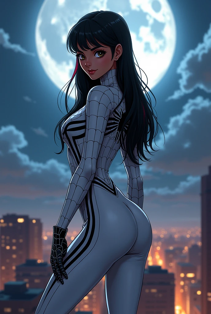 A Brazilian girl with dark brown skin color similar to the sunset, long black hair with a light red streak on the side and half of the hair bangs, a fringe covering half of the forehead, dark brown eyes shining in the night sky of a brightly lit city, body with pronounced curves, and big ass, thin face with big cheeks and a sweet and cute look, wearing the Spider-Man costume *Gwen stacy* completely white with black details, with web patterns covering the entire suit and a spider symbol on the chest, and a black mask with a web pattern covering his entire mouth, hanging from the top of a building looking for bandits to stop, standing next to a cloud-covered full moon.