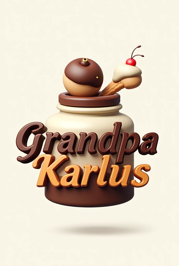 A captivating 3D logo design for "Grandpa Karlus", "today's cake" a gourmet cake and sweets company. A large pastry mold serves as the main component, shaped like a cake jar with a sweet treat coming out of the top. The company name "Grandpa Karlus" is prominently displayed in bold, modern typography with a rich chocolate gradient and creamy white colors to evoke a feeling of quality and freshness. The 3D effect adds depth and solidity to the logo, emphasizing the company's expertise and reliability in the sector. The overall composition is visually appealing and creates a sense of delightful indulgence, with a transparent background for easy integration into various designs., photo