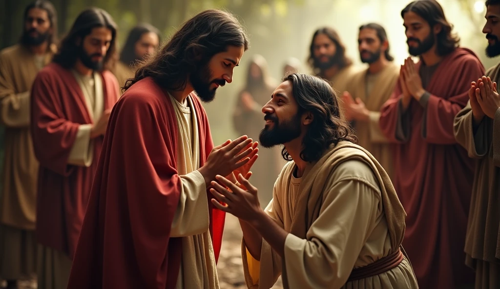 make an image of Jesus Christ according to the Catholics of Brazil, WITH his apostles he is extending his hand towards an apostle as if he were blessing him, ultra realistic image with zoom approaching in 16:9