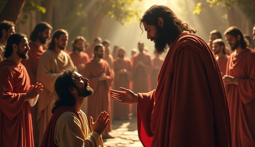 make an image of Jesus Christ according to the Catholics of Brazil, WITH his apostles he is extending his hand towards an apostle as if he were blessing him, ultra realistic image with zoom approaching in 16:9