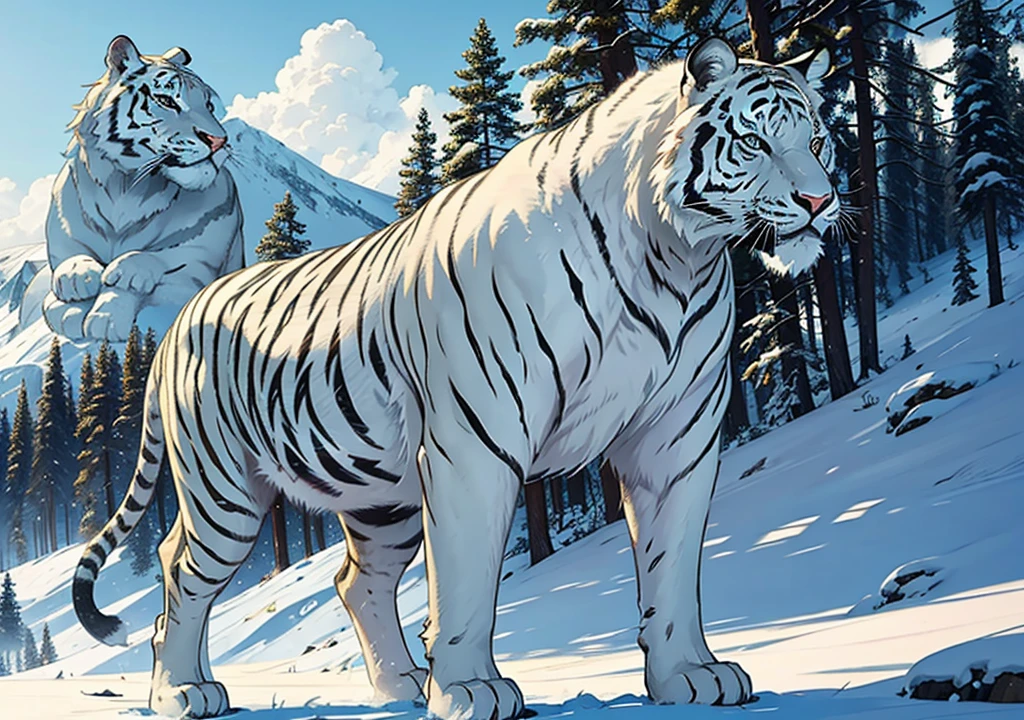 big white tiger wearing a saddle in the mountain