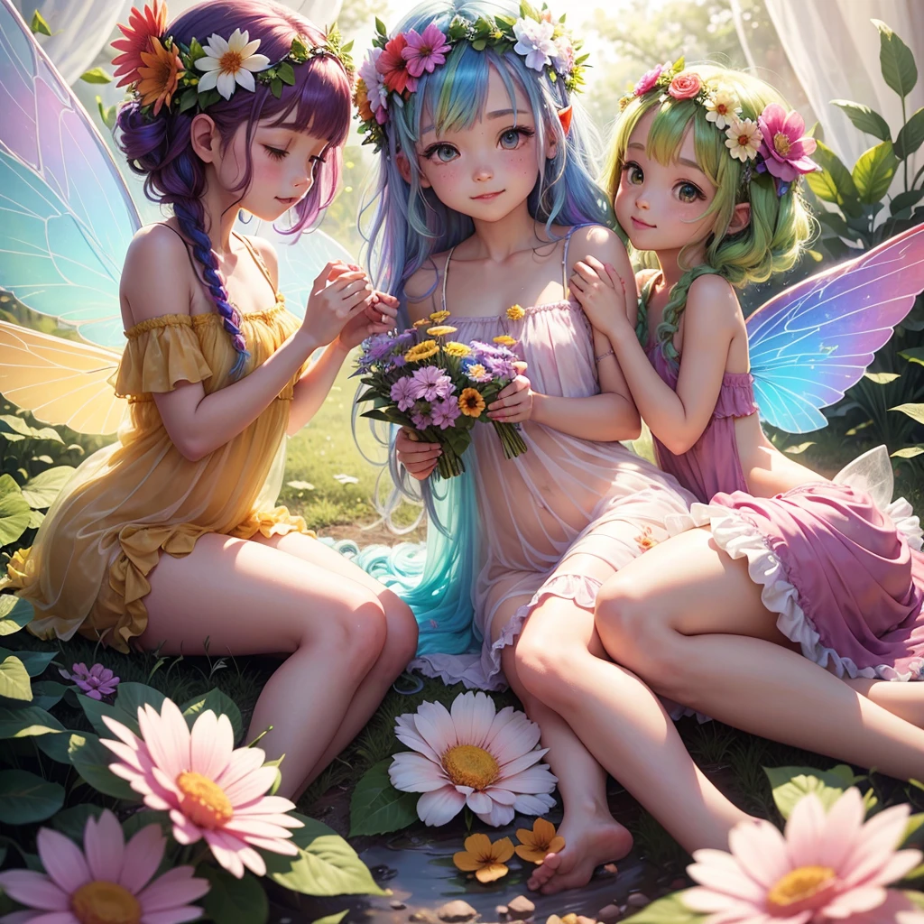 cute  fairy rainbow hair rainbow transparent wings flowers leaves clothes made of leaves flowers flower crown big flower sunlight light gently smiling big flower leaves