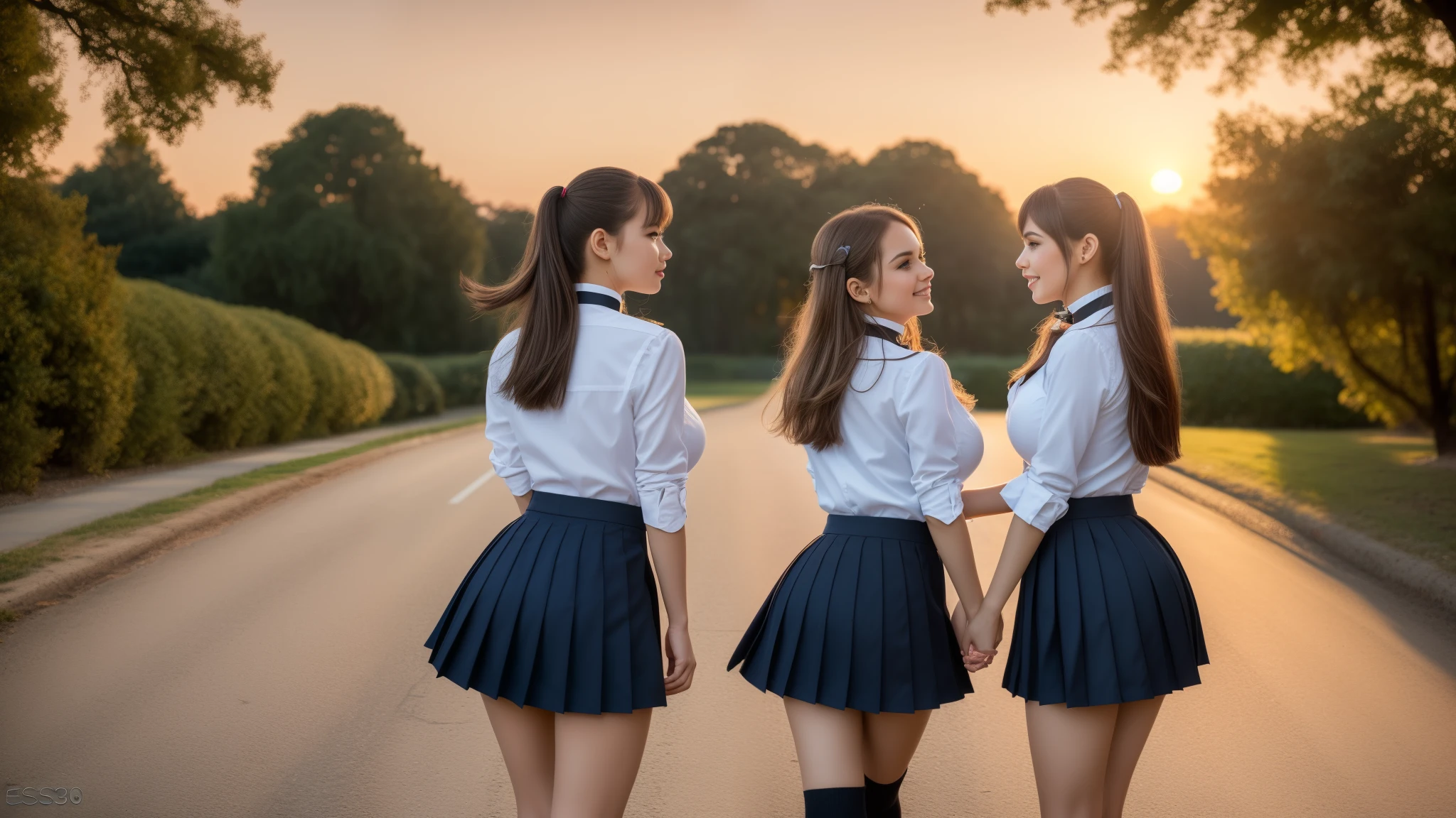 three girls, masterpiece,best qualtiy,hdr, hyper HD, 8K,Bokeh,Ultra-fine painting,Sharp focus,Physically-based rendering,Extreme detail description,portraitures,full-body photo,back turned at viewer, (long ruffled hair), Sexy smile, choker, (school girl uniform with micro skirt and open shirt:1.2), (in sunset light:1.2), (kissing:1.2), perfect eyes, perfect hands, perfect body, perfect hair, (Big breasts:1.4), (EOS R8, 50 millimeters, F1.2, 8K, RAW photo:1.2), photograph by arny freytag