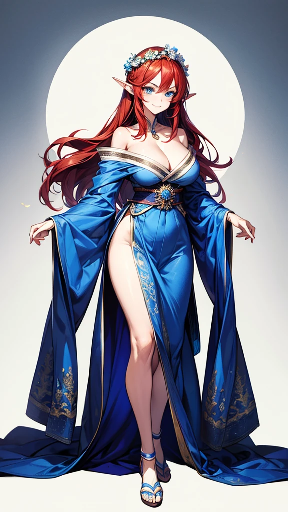 masterpiece, Highest quality, Plain white background, A full body image of a single adult woman, Standing upright,View from the front, sharp eyebrows , narrow blue eyes, Straight Long Hair, Red hair down to the waist, A proud smile, Elf, huge breasts, Flower Crown, White skin, tall, Off the shoulder,Blue and white kimono, Dark blue band,