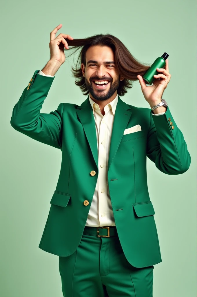 "A happy man, with lots of straight and short hair, is wearing a green suit. He is playing with his hair with one hand and with the other showing a hair product and the image shows his entire body."
