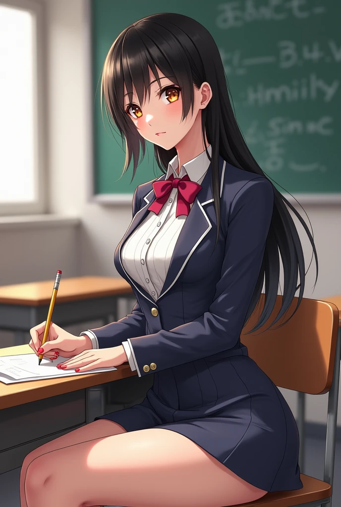 Young woman, Twenty years old, Black hair, beautiful face, Asian style, Fair Skin, Big breasts,Thin waist, Big butt, Wearing a teacher's uniform, Sit at a desk in the classroom, Drawing style Anime 2.5D