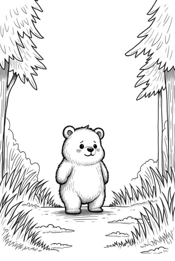 a coloring book of a sad ??? bear walking on the huge forest, no color, white background, thick lines, strokes only, cartoon style