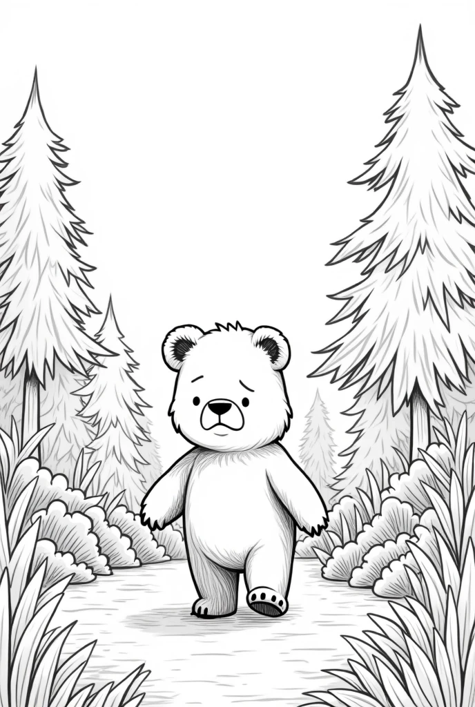a coloring book of a sad bear walking on the huge forest, no color, white background, thick lines, strokes only, cartoon style