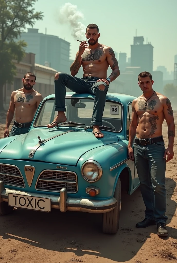 Generate a picture of 3 men . They have their number tatoo on their chest. The leader number is 01 and other two number are 03 , 08 respectively . All numbers tatoo should clearly visible. The 01 number men are sitting on the roof of a old blue dacia car and he's smoking expensive cigarettes . One of them is standing at left side of car and other one is on right side with m416 gun. TOXIC are printed on the car number plate and The car company named BGMI are on car .This are are situated in infected area.