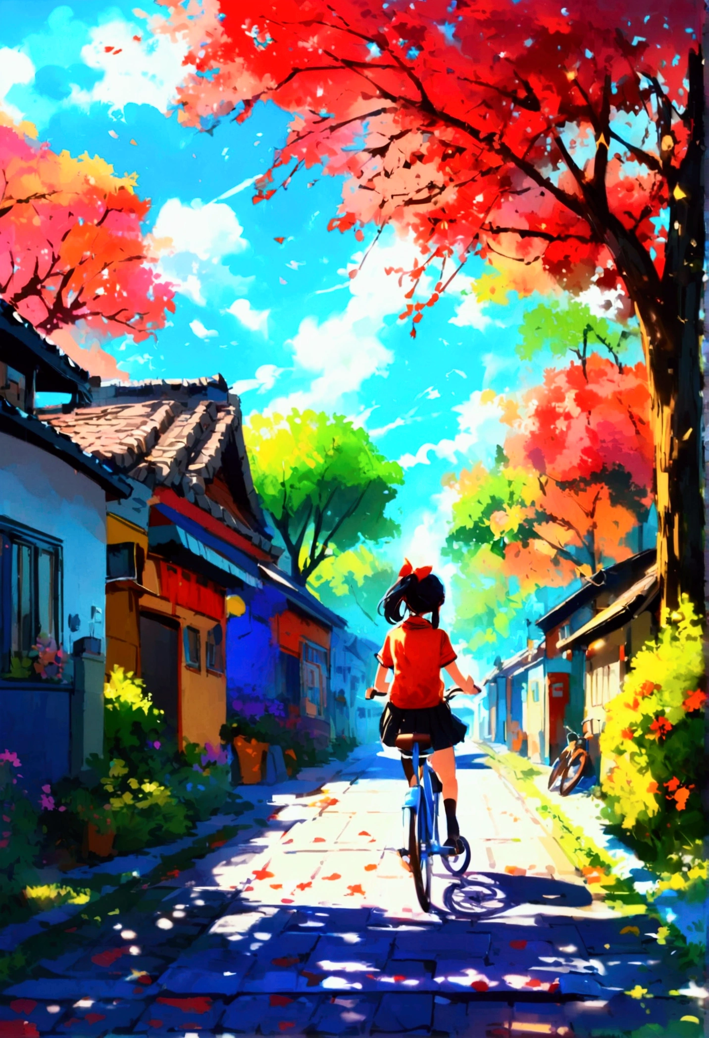 Chill street in the village, a girl is pedaling her bicycle with school uniform
