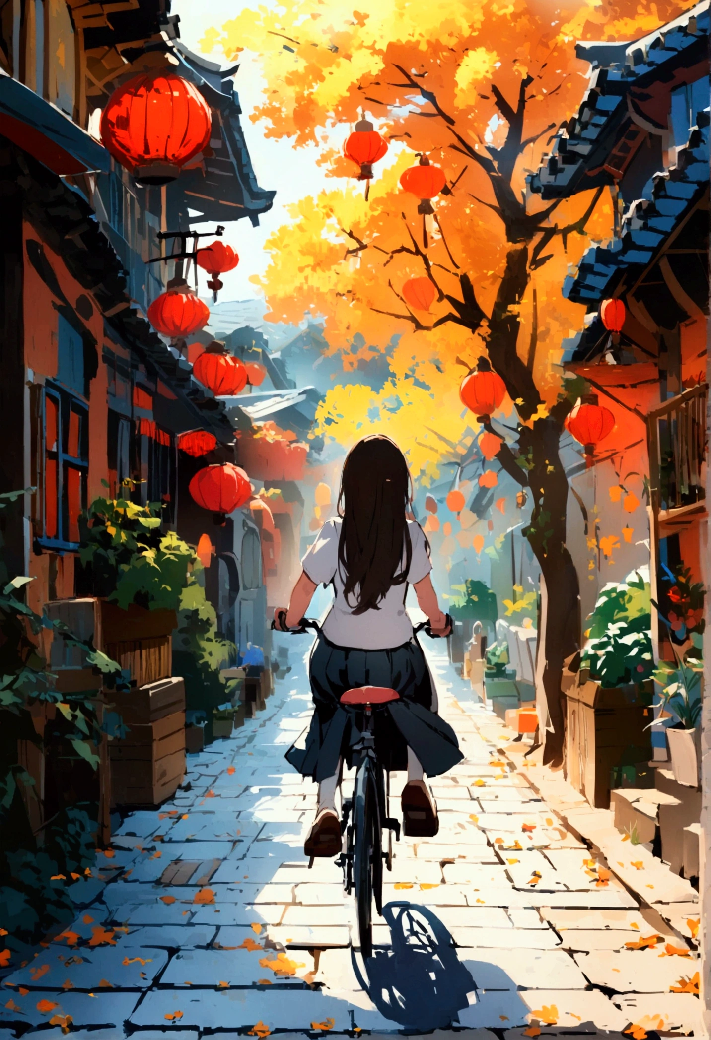 Chill street in the village, a girl is pedaling her bicycle with school uniform