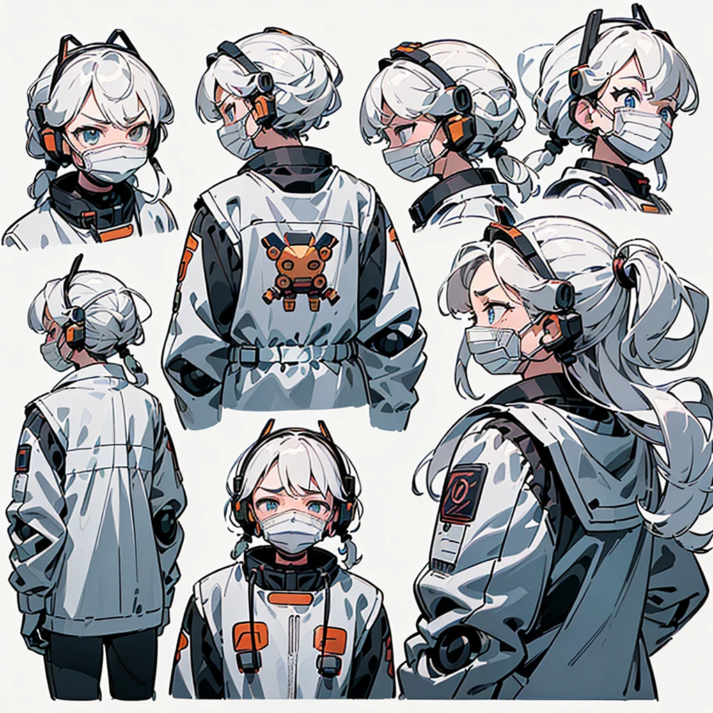 (30-year-old man)、(((Annoyed face、Get angry、worry、Sad face、Shocked face、Open your mouth))) ((((robot、Machine Mask、顔がrobot、The face is a mecha)))), (((Detailed character sheet、From above、From the back、Rear view, Side view, 3/4 Views))) (((White Background)))、Chibi Character、(((robot)))、sf